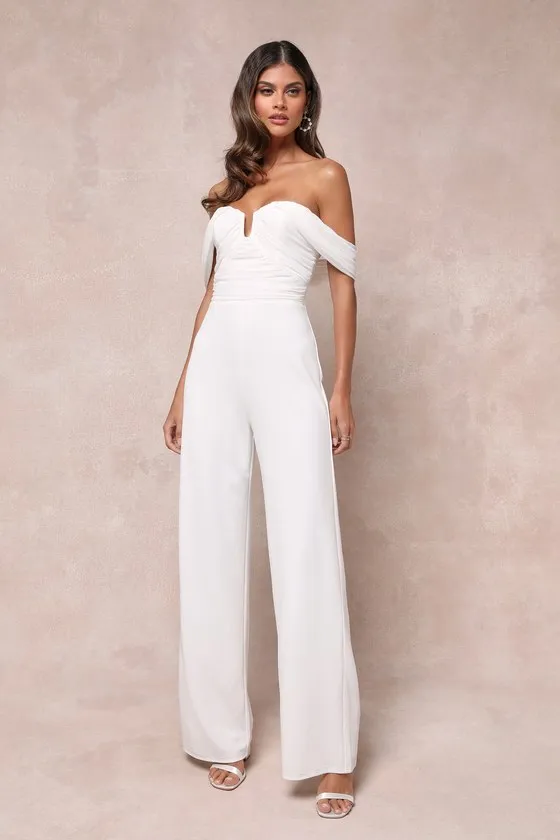 Gorgeous Fantasy White Mesh Ruched Off-the-Shoulder Jumpsuit sold by Lulus