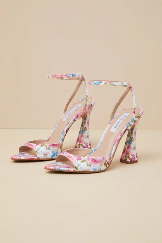 Beki Floral Multi Satin High Heel Ankle Strap Sandals sold by Lulus