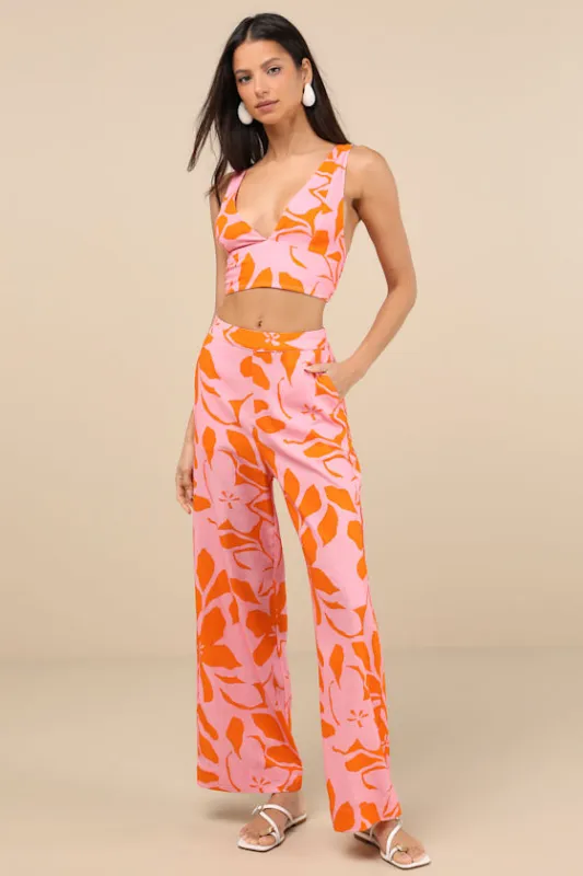 Bora Bora Pink Floral Linen Wide-Leg Pants sold by Lulus
