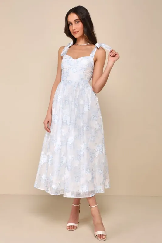 Beautifully Adored White Floral Burnout Tie-Strap Midi Dress sold by Lulus