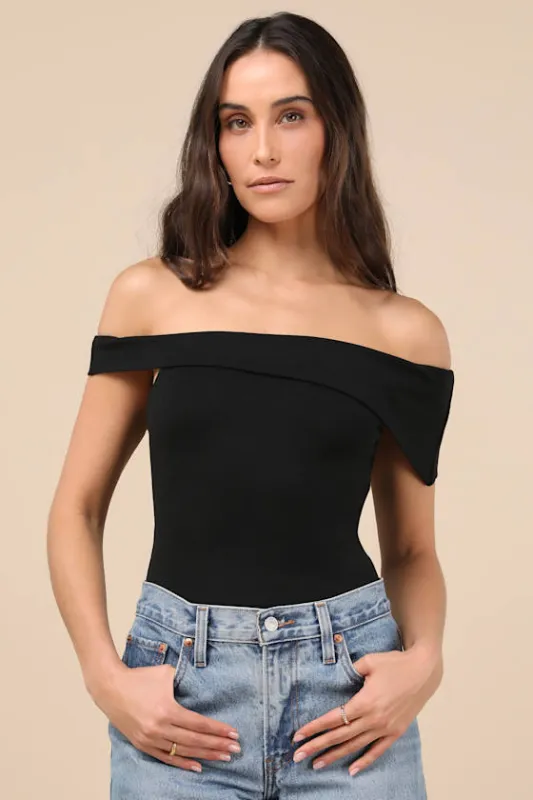 Lorina Black Asymmetrical Off-the-Shoulder Top sold by Lulus