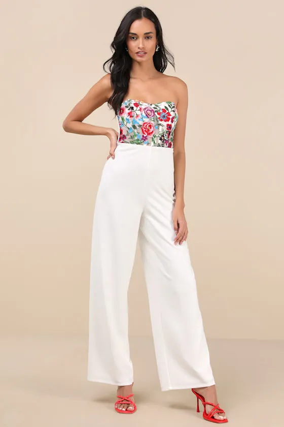 Remarkable Energy White Floral Embroidered Strapless Jumpsuit sold by Lulus