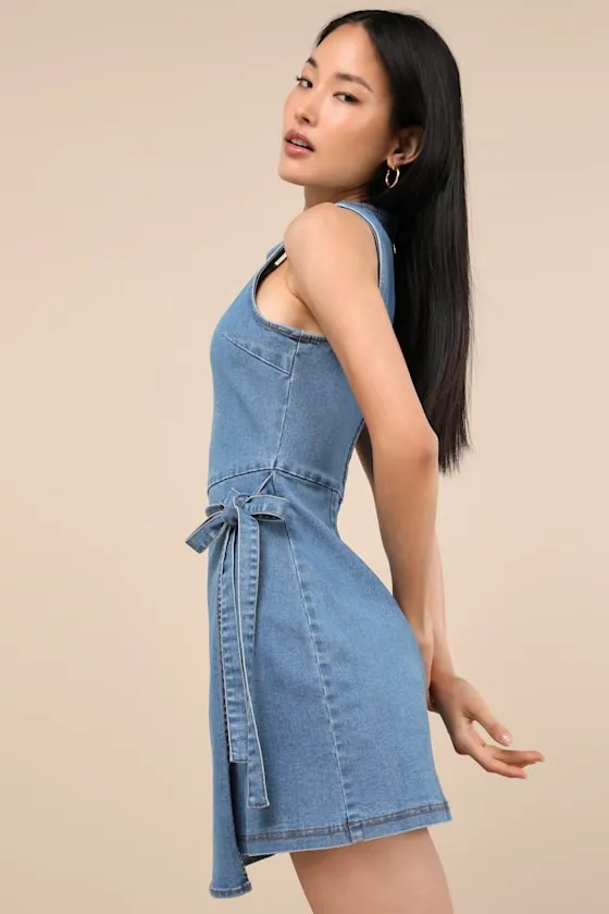 Albena Medium Wash Denim Sleeveless Mini Wrap Dress sold by Lulus