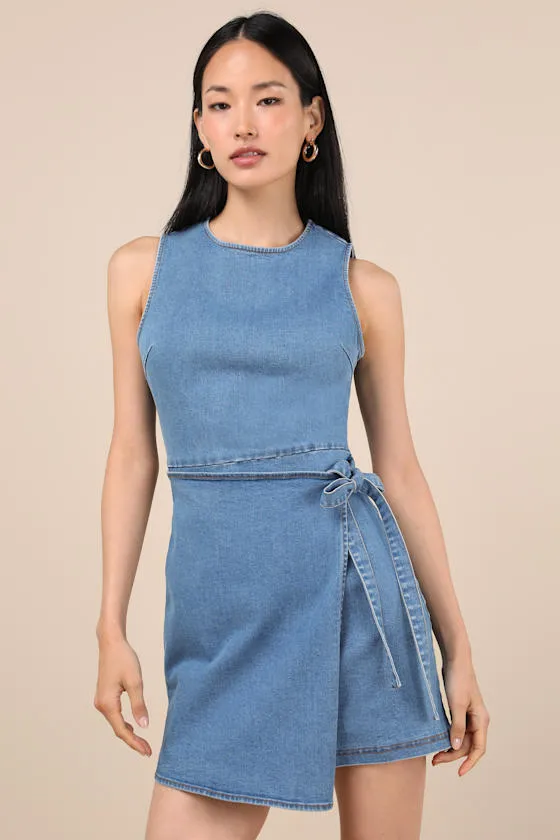 Albena Medium Wash Denim Sleeveless Mini Wrap Dress sold by Lulus product image thumbnail 2