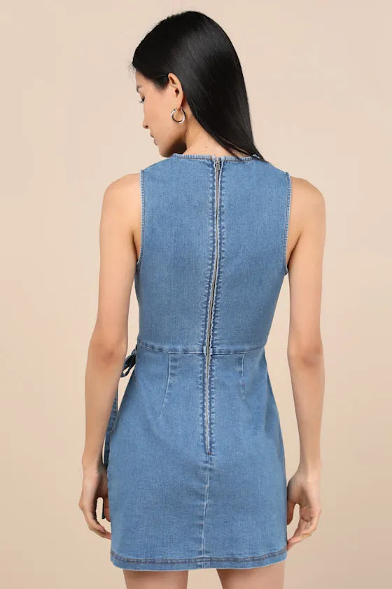 Albena Medium Wash Denim Sleeveless Mini Wrap Dress sold by Lulus product image thumbnail 3