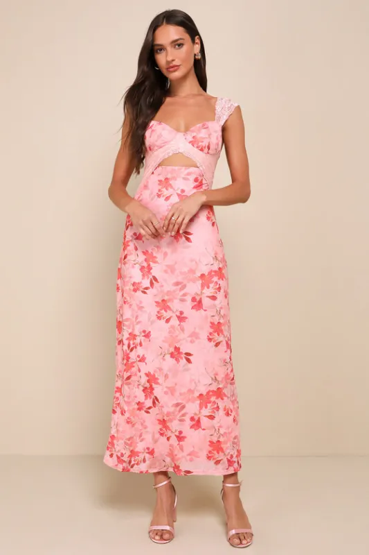 Endlessly Cute Pink Floral Mesh Cutout Lace Bustier Maxi Dress sold by Lulus