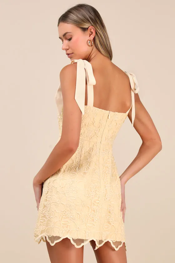 Lovable Aesthetic Light Yellow Embroidered Tie-Strap Mini Dress sold by Lulus product image thumbnail 2