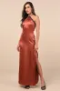 Mairwen Rust and Black Satin Lace Halter Maxi Dress sold by Lulus