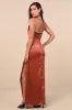 Mairwen Rust and Black Satin Lace Halter Maxi Dress sold by Lulus