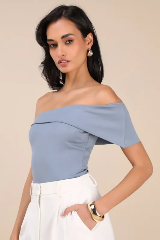 Lorina Slate Asymmetrical Off-the-Shoulder Top sold by Lulus