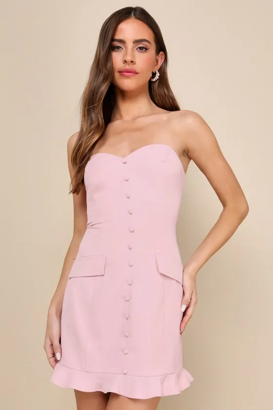 Stylish Status Blush Pink Strapless Ruffled Mini Dress sold by Lulus