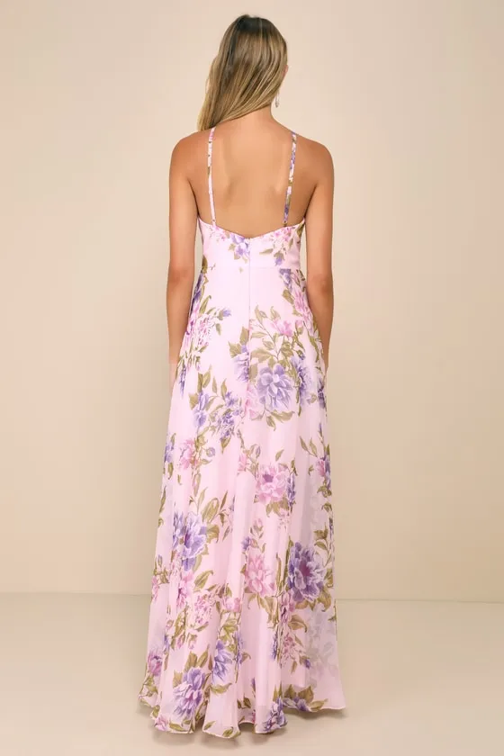 Romantic Marvel Light Pink Floral Print Halter Neck Maxi Dress sold by Lulus product image thumbnail 2