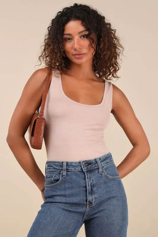Unlimited Adventure Taupe Sleeveless Scoop Neck Bodysuit sold by Lulus