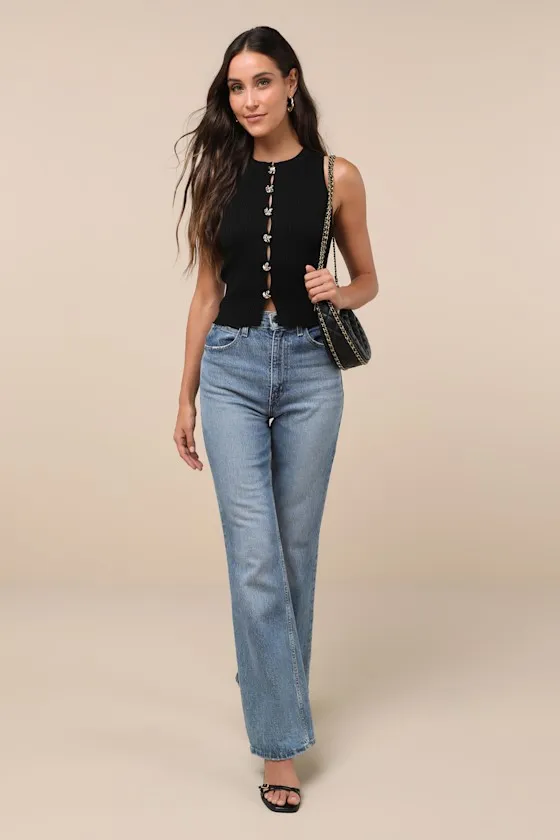 Conceptually Chic Black Ribbed Knit Button-Front Tank Top sold by Lulus product image thumbnail 3