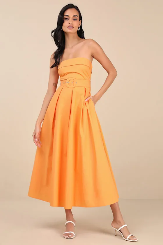 Trendsetting Choice Orange Strapless Midi Dress With Pockets sold by Lulus