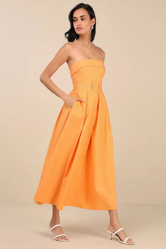 Trendsetting Choice Orange Strapless Midi Dress With Pockets sold by Lulus product image thumbnail 2