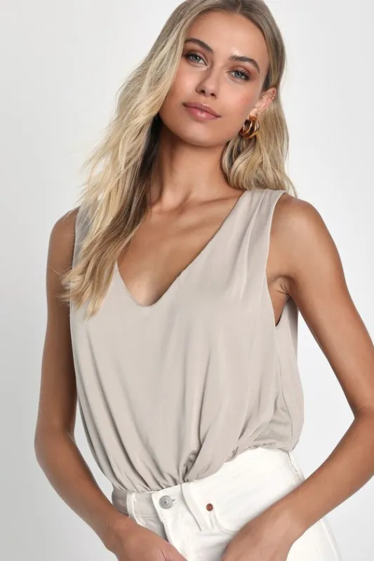 Chic on Repeat Taupe V-Neck Sleeveless Bodysuit sold by Lulus
