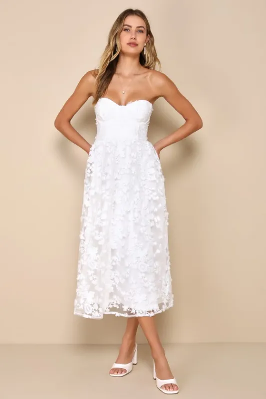 Quite Perfect White Floral Embroidered Strapless Midi Dress sold by Lulus