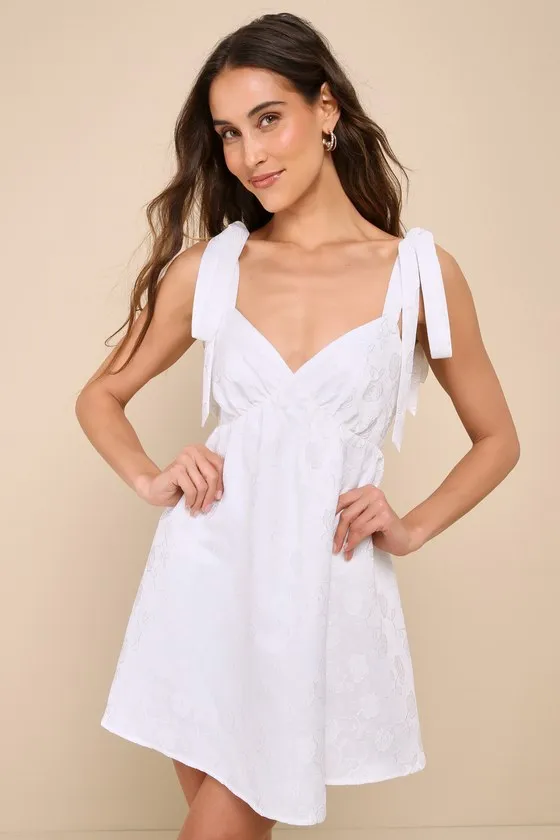 Precious Allure White Jacquard Tie-Strap Mini Dress sold by Lulus