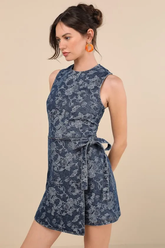 Albena Dark Wash Floral Denim Sleeveless Mini Wrap Dress sold by Lulus