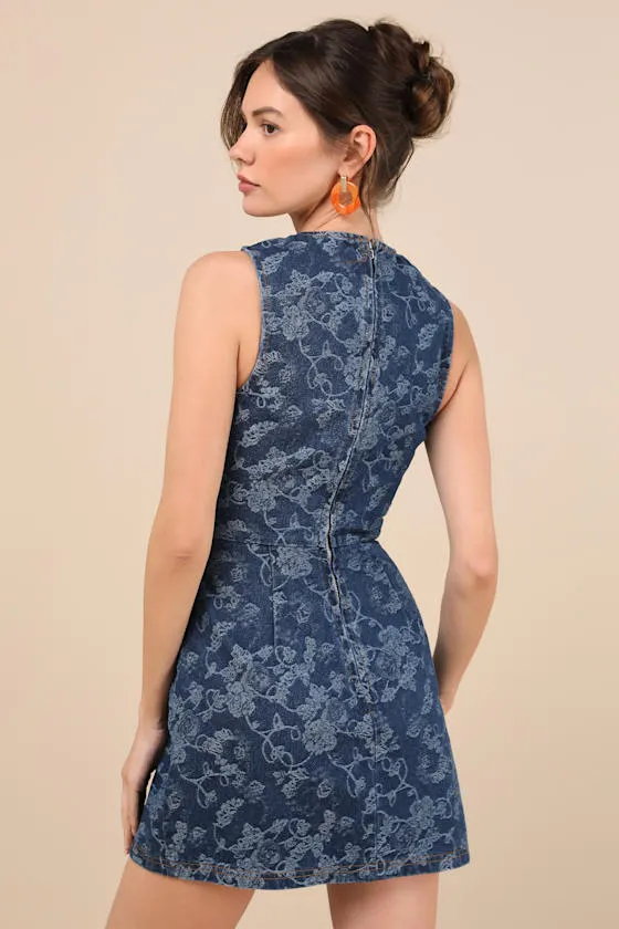 Albena Dark Wash Floral Denim Sleeveless Mini Wrap Dress sold by Lulus product image thumbnail 2