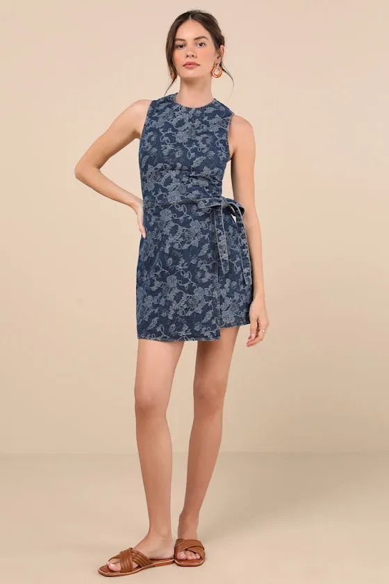 Albena Dark Wash Floral Denim Sleeveless Mini Wrap Dress sold by Lulus product image thumbnail 3