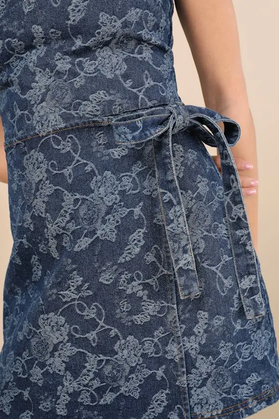 Albena Dark Wash Floral Denim Sleeveless Mini Wrap Dress sold by Lulus product image thumbnail 4