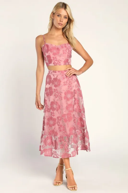 Certainly Stylish Mauve Pink Burnout Floral Two-Piece Midi Dress sold by Lulus