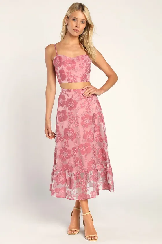 Certainly Stylish Mauve Pink Burnout Floral Two-Piece Midi Dress sold by Lulus