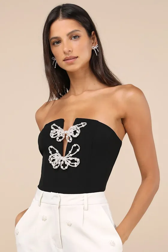 Charmed Impression Black Pearl Beaded Strapless Bodysuit sold by Lulus