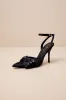 Ellandra Black Satin Rhinestone Bow Ankle Strap Pumps sold by Lulus