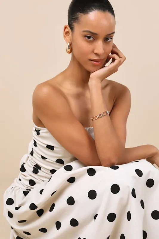 Brona Cream Polka Dot Ruched Drop Waist Strapless Midi Dress sold by Lulus
