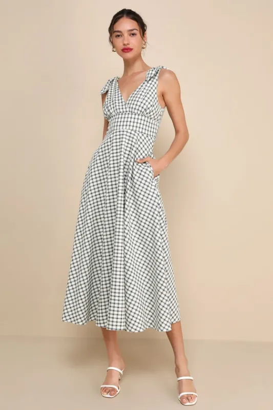 Sweetest Posture Navy and Cream Gingham Midi Dress With Pockets sold by Lulus