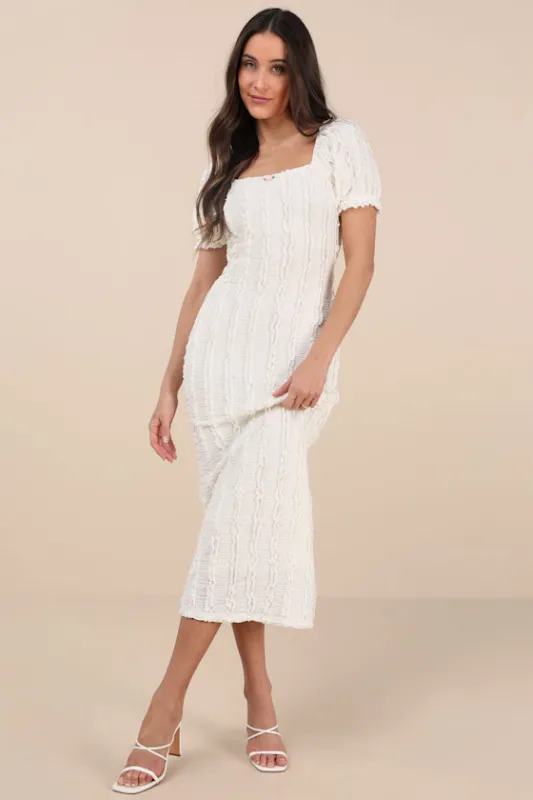 Typical Cutie Ivory Textured Puff Sleeve Midi Dress sold by Lulus