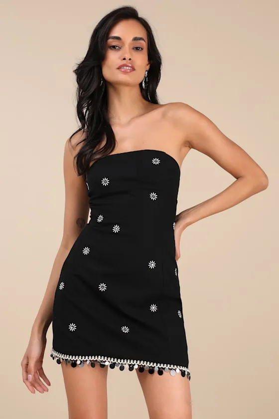 Carlijn Black Embroidered Paillette Sequin Strapless Mini Dress sold by Lulus
