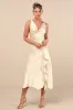 Evette Pale Yellow Satin Cowl Ruffled Handkerchief Midi Dress sold by Lulus