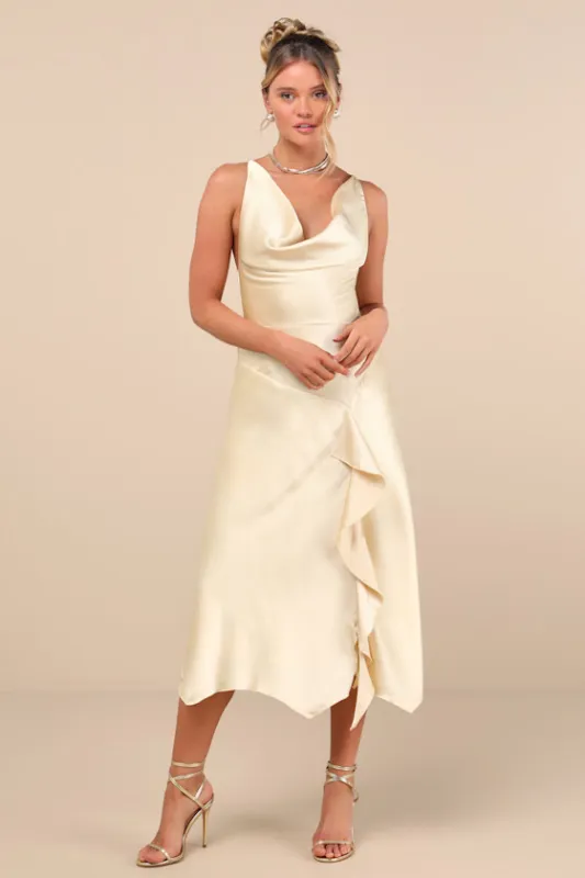 Evette Pale Yellow Satin Cowl Ruffled Handkerchief Midi Dress sold by Lulus