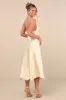 Evette Pale Yellow Satin Cowl Ruffled Handkerchief Midi Dress sold by Lulus