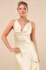 Evette Pale Yellow Satin Cowl Ruffled Handkerchief Midi Dress sold by Lulus