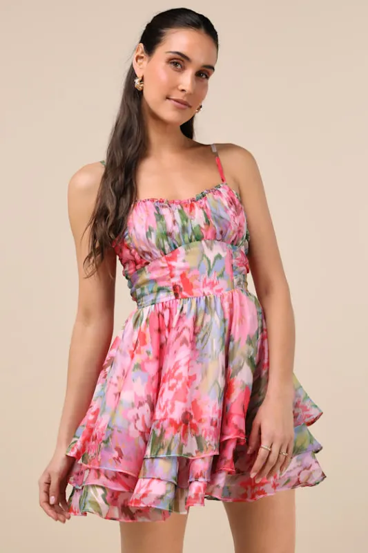 Evonne Pink Abstract Floral Tiered Mini Skater Dress made by Lulus