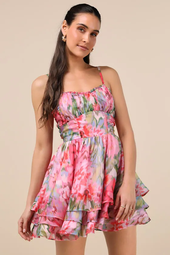 Evonne Pink Abstract Floral Tiered Mini Skater Dress sold by Lulus