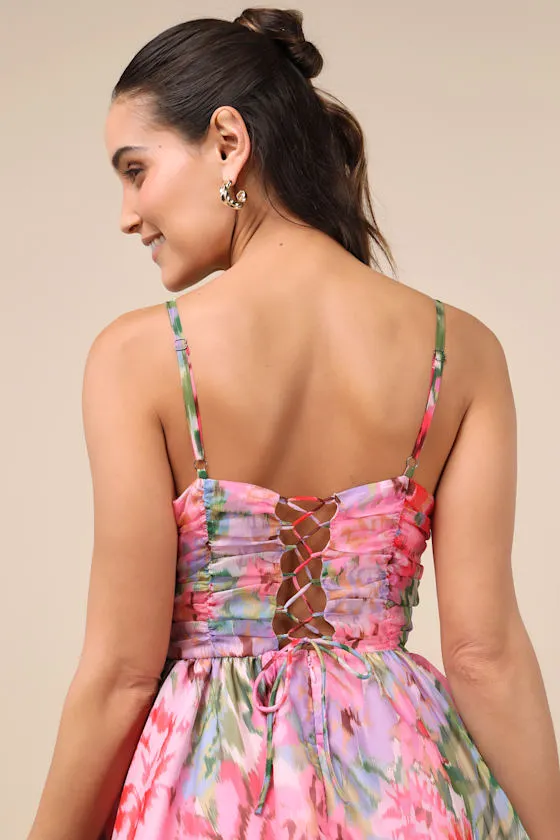 Evonne Pink Abstract Floral Tiered Mini Skater Dress sold by Lulus product image thumbnail 4