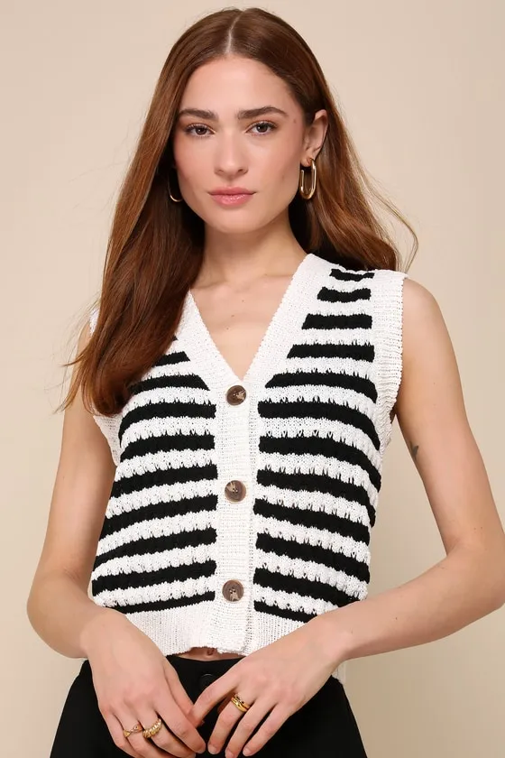 Stylish Instinct Ivory Striped Crochet Button-Front Sweater Top sold by Lulus