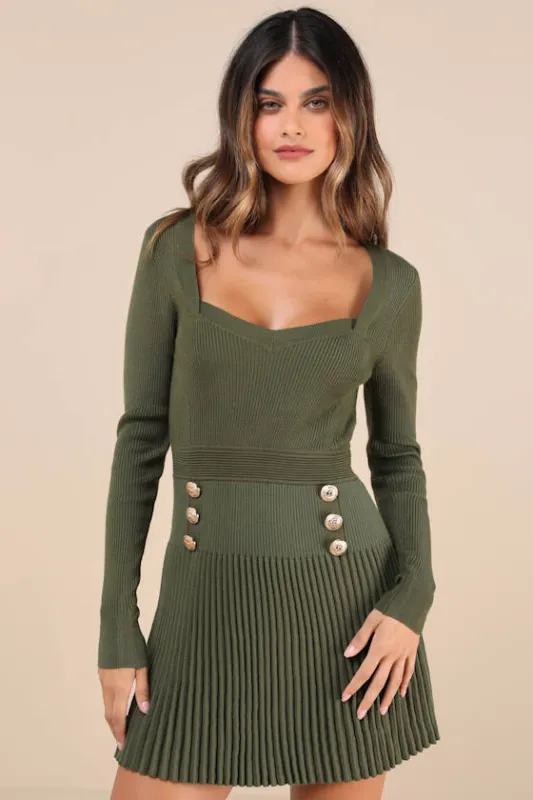 Chicest Crush Olive Ribbed Long Sleeve Mini Sweater Dress sold by Lulus