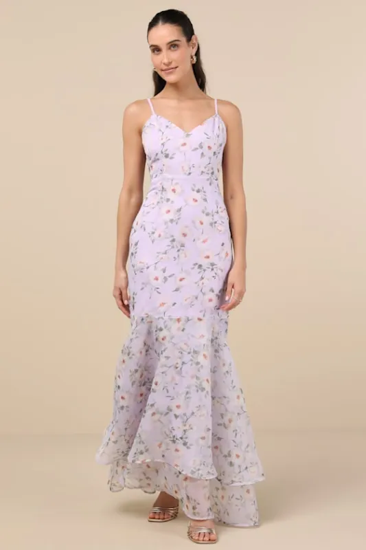Pure Splendor Lavender Floral Organza Trumpet Maxi Dress sold by Lulus