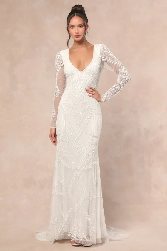 Deedra White Sequin Beaded Backless Maxi Dress sold by Lulus