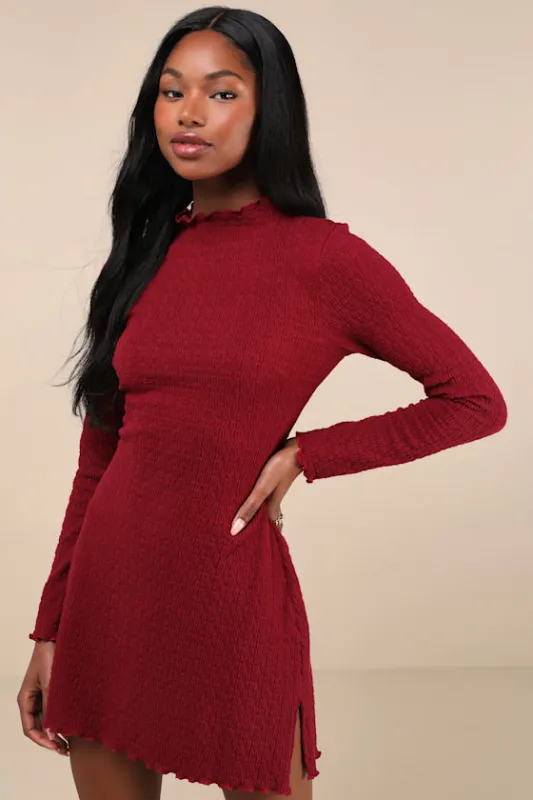 Flattering Forecast Wine Red Textured Long Sleeve Mini Dress sold by Lulus