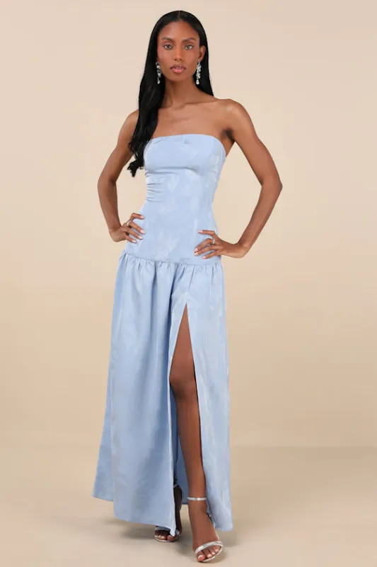 Gemmi Light Blue Satin Jacquard Drop Waist Maxi Dress sold by Lulus