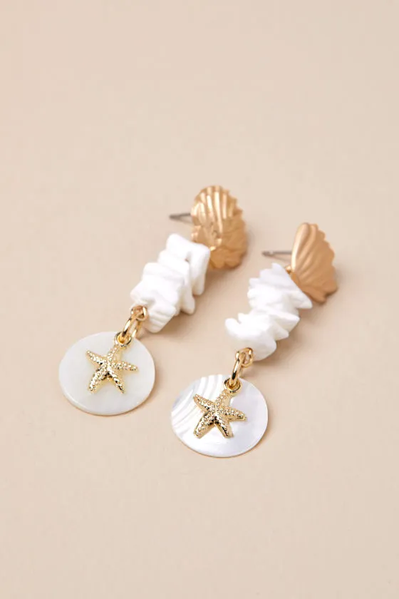 Tarka White and Gold Seashell Drop Earrings sold by Lulus