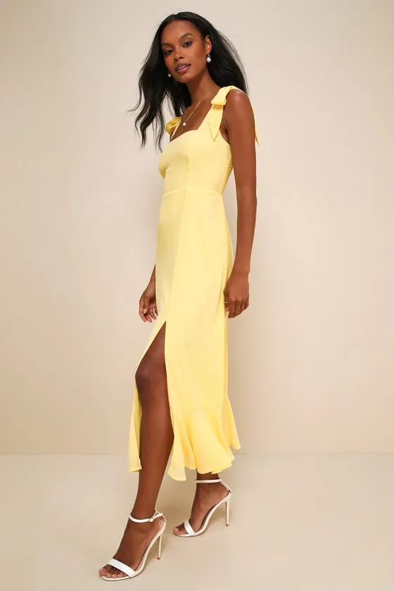 Summer Invite Yellow Tie-Strap Tiered Midi Dress sold by Lulus product image thumbnail 2